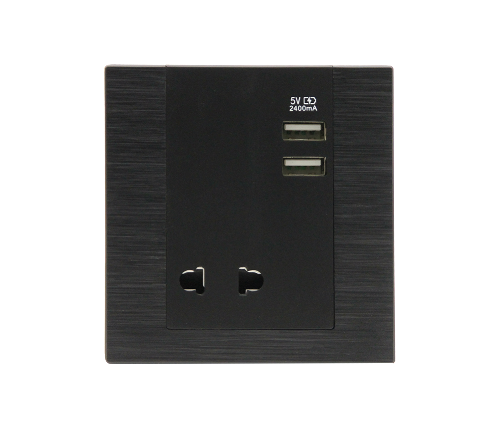 拉絲黑二孔帶雙USB
